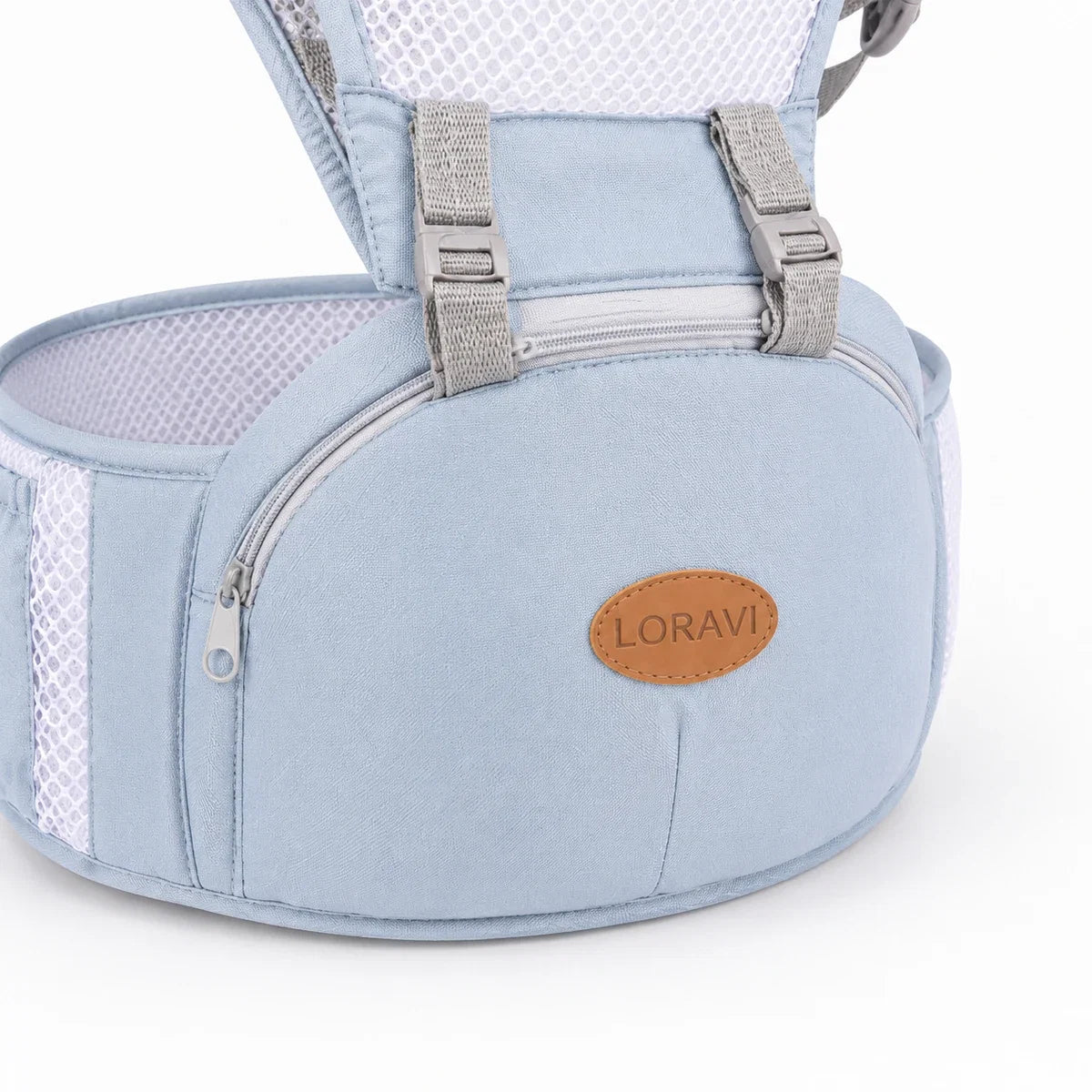 Close-up of the padded waist belt on the LORAVI Ergonomic Hip Seat, showing the structured foam seat and branded badge