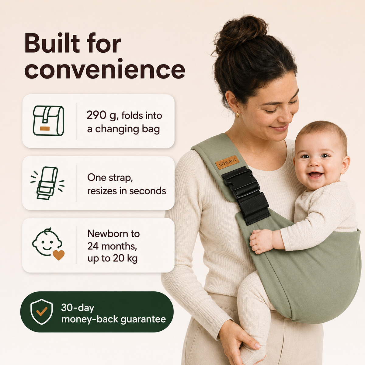 Loravi Sling benefits: 290g foldable design, one-strap resize, fits newborn to 24 months up to 20kg, 30-day money-back guarantee